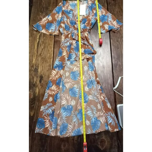Blu Heaven Maxi Dress Women Small Tropical Beachy Boho V‎ Neck Brown Blue NWT - Picture 8 of 10